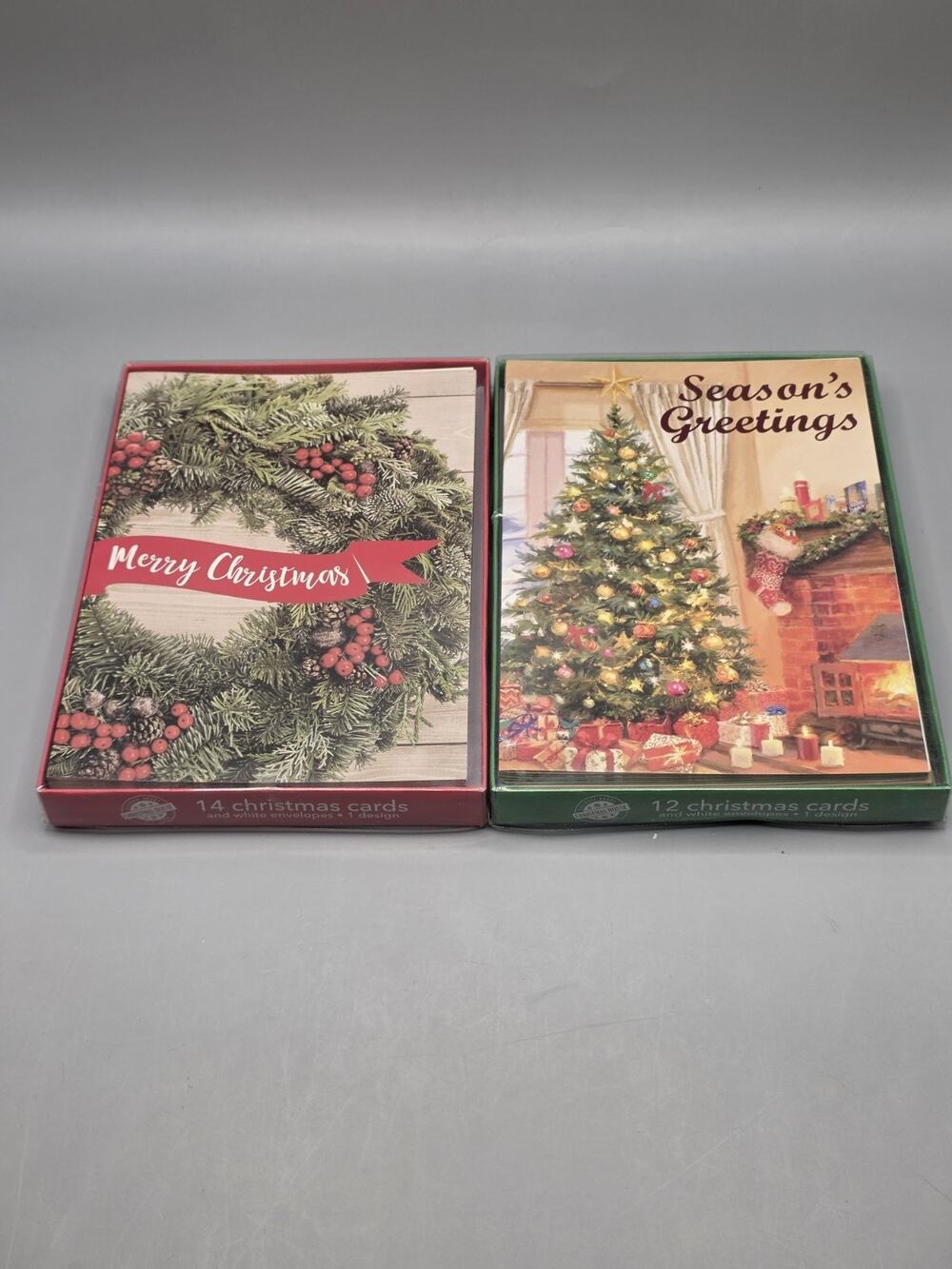 Lot of 2 Lang Boxed Christmas Cards Wreath & Tree Fireplace Holiday Stationery